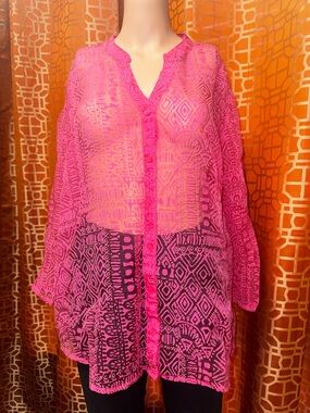 Rebecca Malone Pink Sheer Button Up Blouse XL